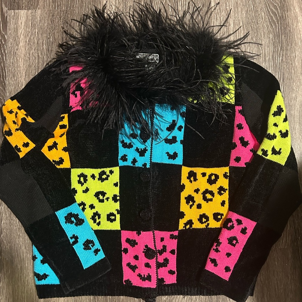 Colorful Checkered Cardigan with Faux Fur Collar